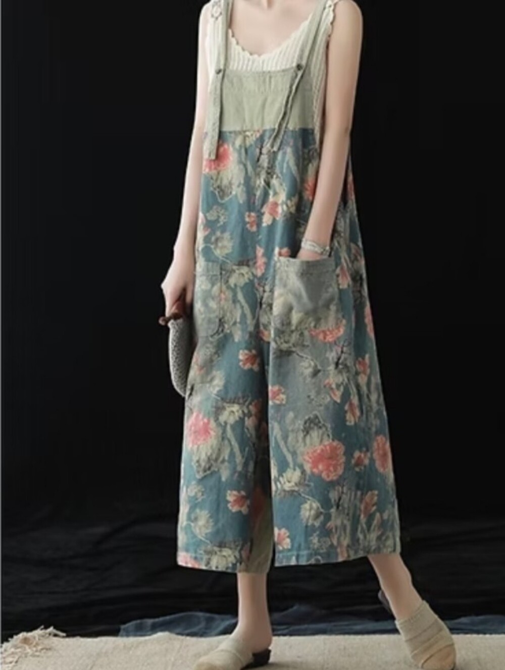 Adjustable Wide-leg Floral Cotton Denim Cropped Overall Culottes Blue & Pink  L